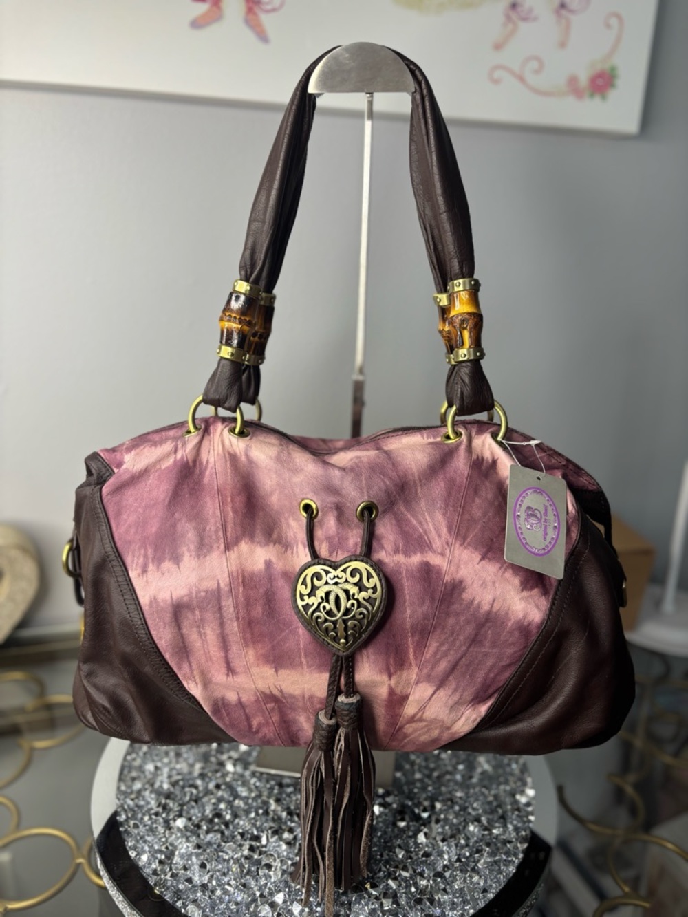 Sharif Pink Tie-Dye & Dark Brown Shoulder Bag with Heart Tassel